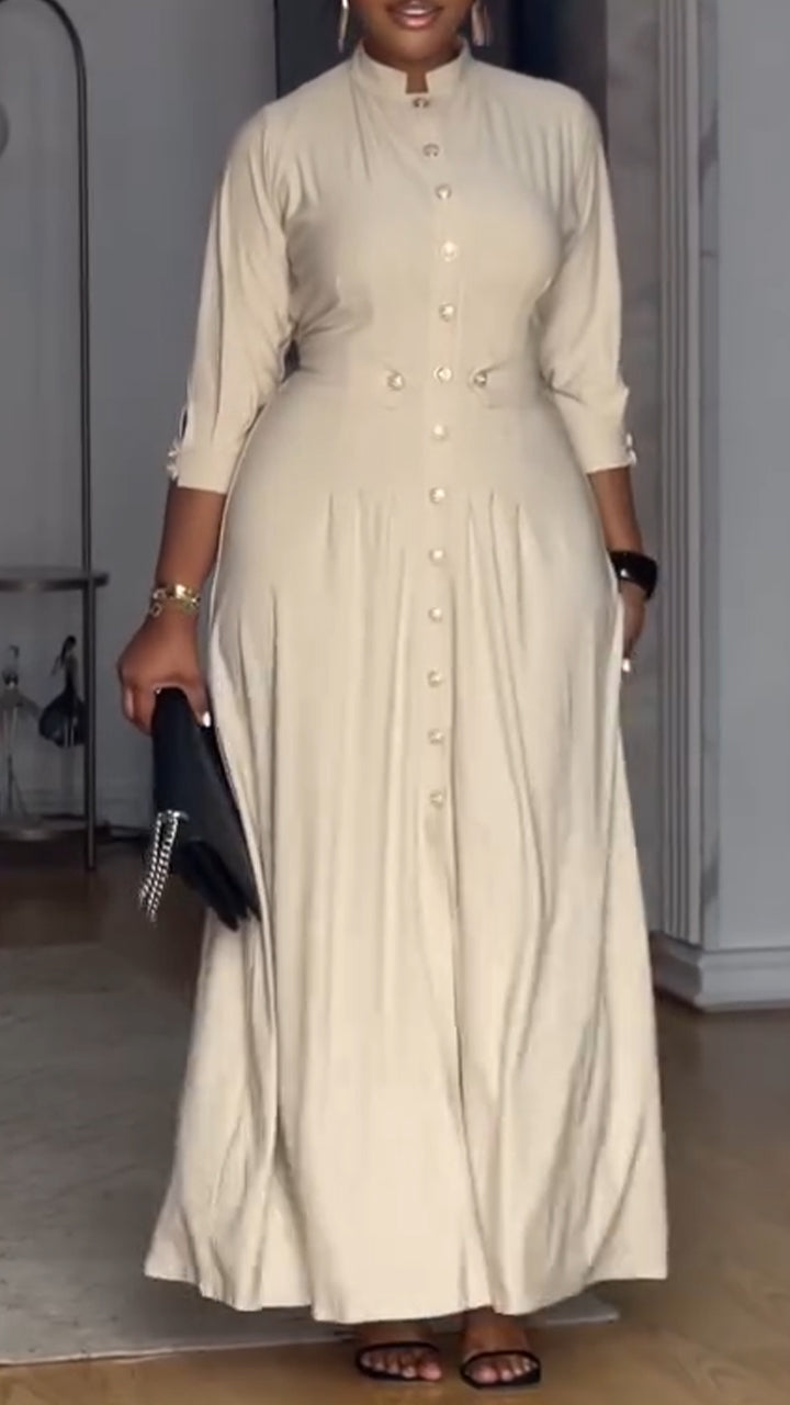 Women Round Neck Buckle Waist Cinching Elegant Casual Dress