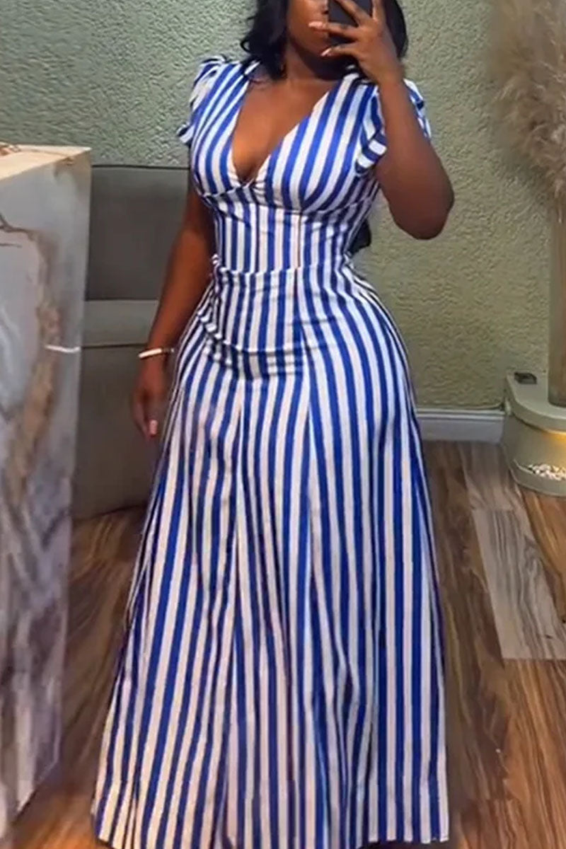 Women's Blue And White Striped Deep V Neck Puff Sleeve Maxi Dress