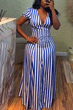 Women's Blue And White Striped Deep V Neck Puff Sleeve Maxi Dress