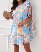 CHICME Women's Floral Print One-Shoulder Chiffon Dress 3D Floral Decor Split Sleeve Loose A-Line Mini Dress