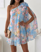 CHICME Women's Floral Print One-Shoulder Chiffon Dress 3D Floral Decor Split Sleeve Loose A-Line Mini Dress
