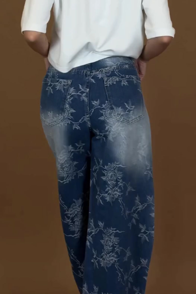 Women's Acid Wash Denim Pants with Eyelet Embellishments & Side Slit
