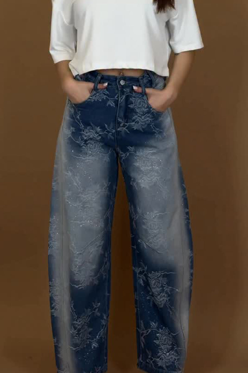 Women's Acid Wash Denim Pants with Eyelet Embellishments & Side Slit