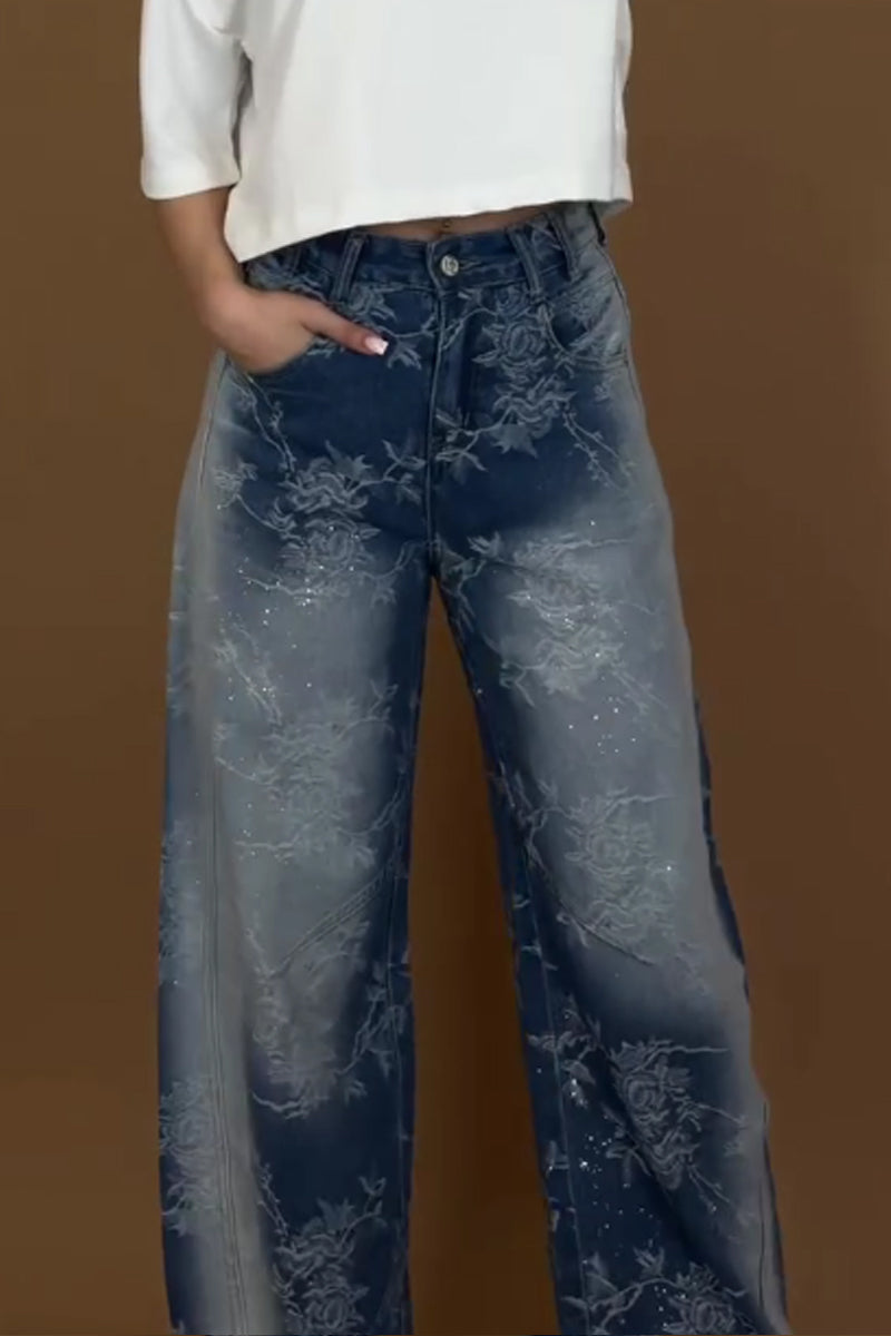 Women's Acid Wash Denim Pants with Eyelet Embellishments & Side Slit
