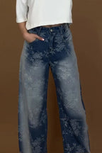 Women's Acid Wash Denim Pants with Eyelet Embellishments & Side Slit