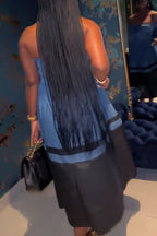Women's Strapless Flowy Maxi Dress with Color Block Hem & Bow Detail