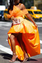 Women's Halter Neck Tulle & Satin Asymmetrical Dress with Off-Shoulder Detail