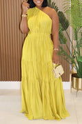 Women's Casual Flowy One Shoulder Tiered Maxi Dress
