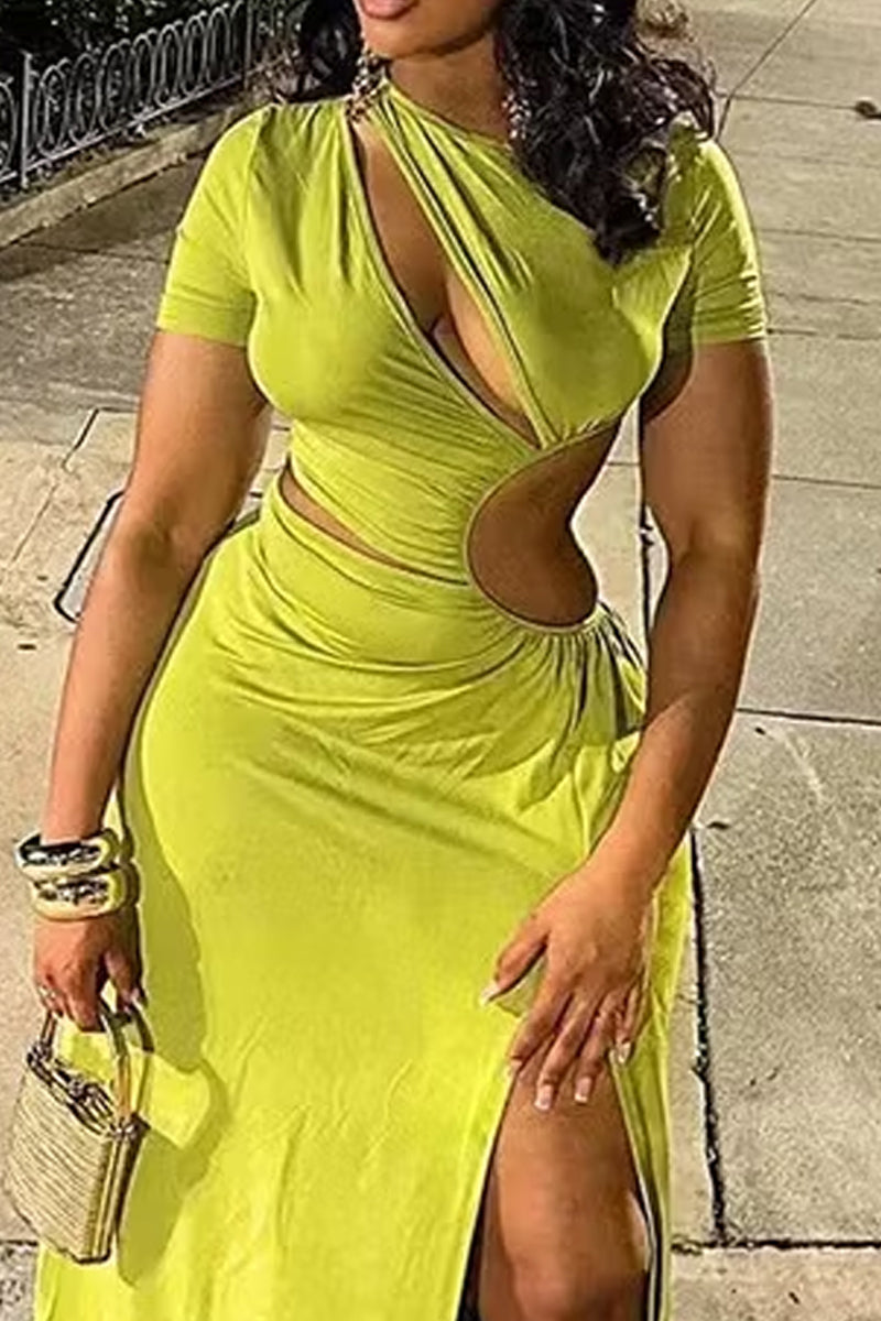 Women's Short Sleeve Ruched Maxi Dress with Bodycon Fit & Waist Cutouts