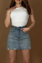 Women's High Waisted Rhinestone Embellished Denim Skirt with Frayed Edge