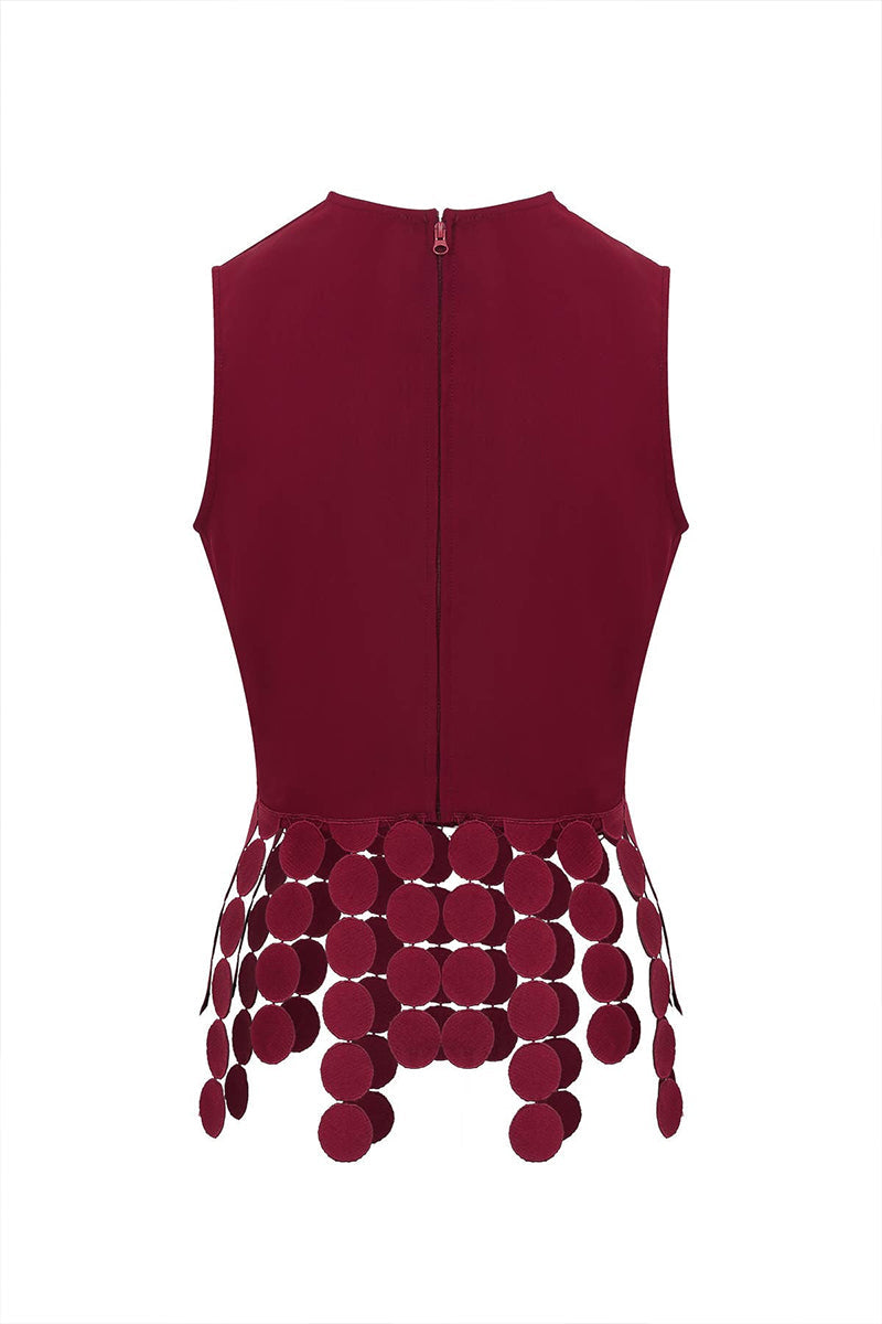 Women's High Neck Red Party Top with Layered Disc Tassel Detail