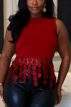 Women's High Neck Red Party Top with Layered Disc Tassel Detail