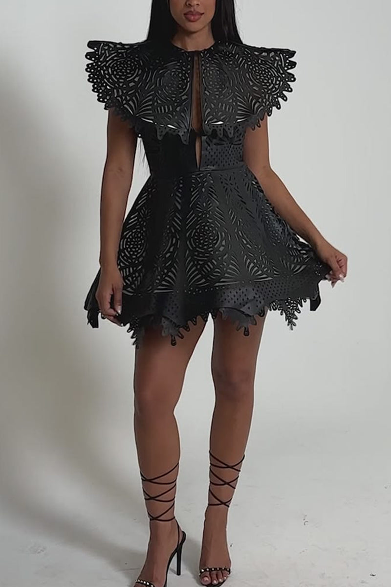 Women's Faux Leather Cutout Party Dress with Scalloped Hem