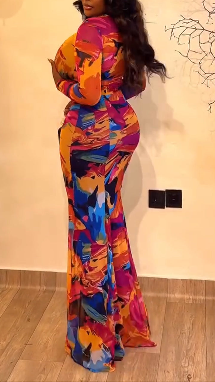 Women Round Neck Printed Jumpsuit + Skirt Vacation Casual Style Set