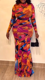 Women Round Neck Printed Jumpsuit + Skirt Vacation Casual Style Set