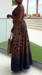 Women Spaghetti Strap Leopard Print Vacation Casual Style Maxi Dresses