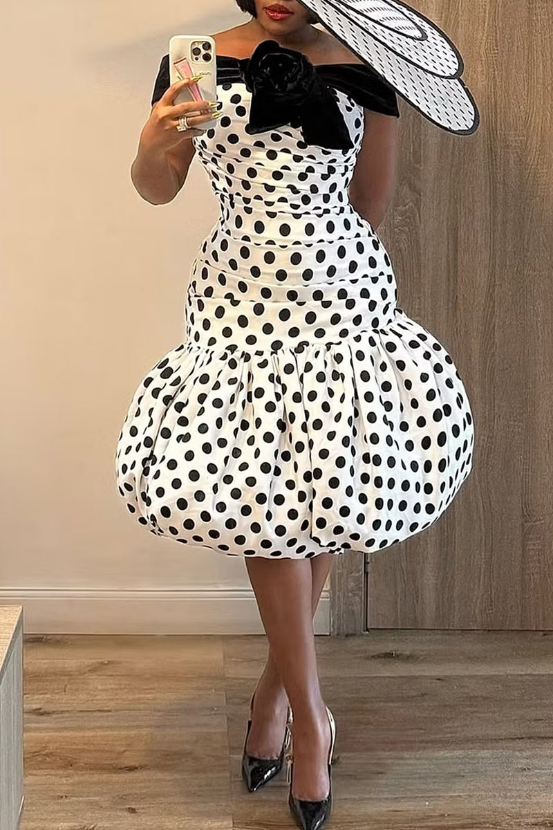 Women's Retro Polka Dot Ruched Midi Dress with Velvet Off-the-Shoulder Neckline