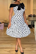 Women's Retro Polka Dot Ruched Midi Dress with Velvet Off-the-Shoulder Neckline