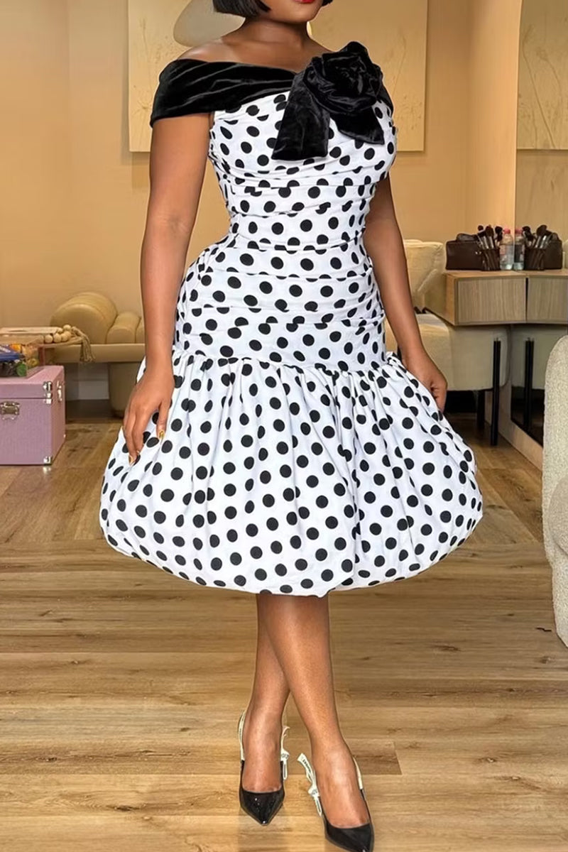 Women's Retro Polka Dot Ruched Midi Dress with Velvet Off-the-Shoulder Neckline