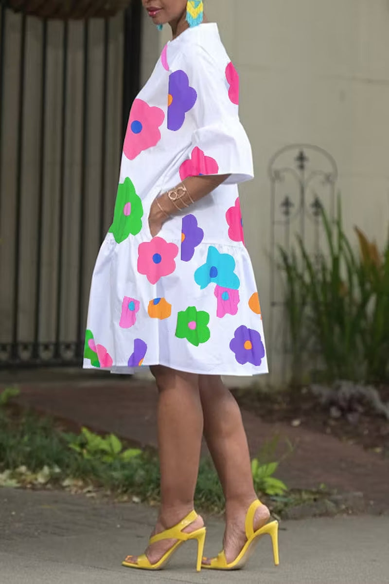 Women's Casual Loose Fit A-Line Dress with Vibrant Abstract Floral Print
