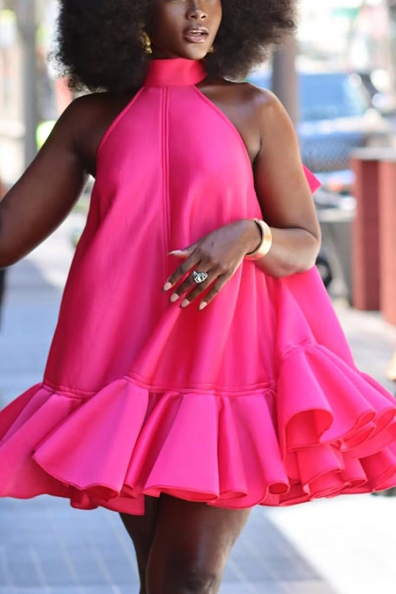 Women's Sleeveless Halter Flare Dress with Voluminous Ruffle Skirt