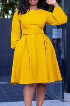 Women's Elegant Round Neck Flare Dress with Waist Belt and Puff Sleeves