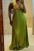 Women's Satin Pleated Halter Evening Gown in Vibrant Green