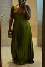 Women's Satin Pleated Halter Evening Gown in Vibrant Green