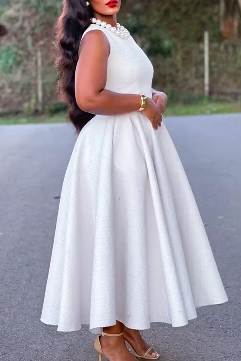 Women's Elegant Round Neck White Tweed A-Line Dress for Formal & Casual
