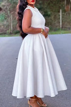 Women's Elegant Round Neck White Tweed A-Line Dress for Formal & Casual