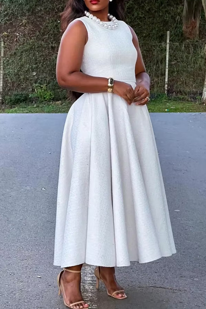 Women's Elegant Round Neck White Tweed A-Line Dress for Formal & Casual