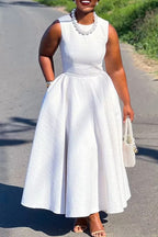Women's Elegant Round Neck White Tweed A-Line Dress for Formal & Casual