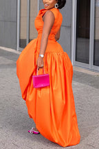 Women's Elegant Orange Satin Formal Dress with Draped Skirt and Asymmetrical Hem