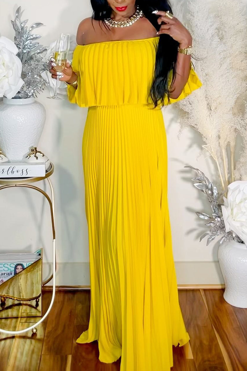 Women's Flowy Pleated Off-Shoulder Jumpsuit with Ruffle Overlay