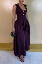 Women's Elegant Button-Trim Knit-Panel Midi Dress