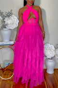 Women's Barbie Style Fuchsia Halter Gown with Keyhole Cutout and Tulle Skirt