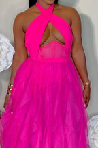 Women's Barbie Style Fuchsia Halter Gown with Keyhole Cutout and Tulle Skirt