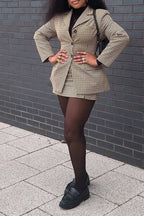 Women Collar Plaid Blazer + Half Skirt Temperament Commuting Formal Suit