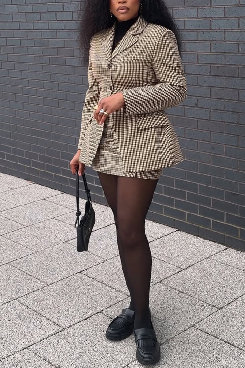 Women Collar Plaid Blazer + Half Skirt Temperament Commuting Formal Suit