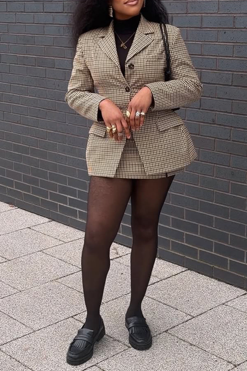 Women Collar Plaid Blazer + Half Skirt Temperament Commuting Formal Suit