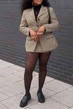 Women Collar Plaid Blazer + Half Skirt Temperament Commuting Formal Suit