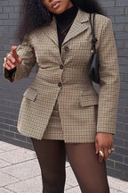 Women Collar Plaid Blazer + Half Skirt Temperament Commuting Formal Suit