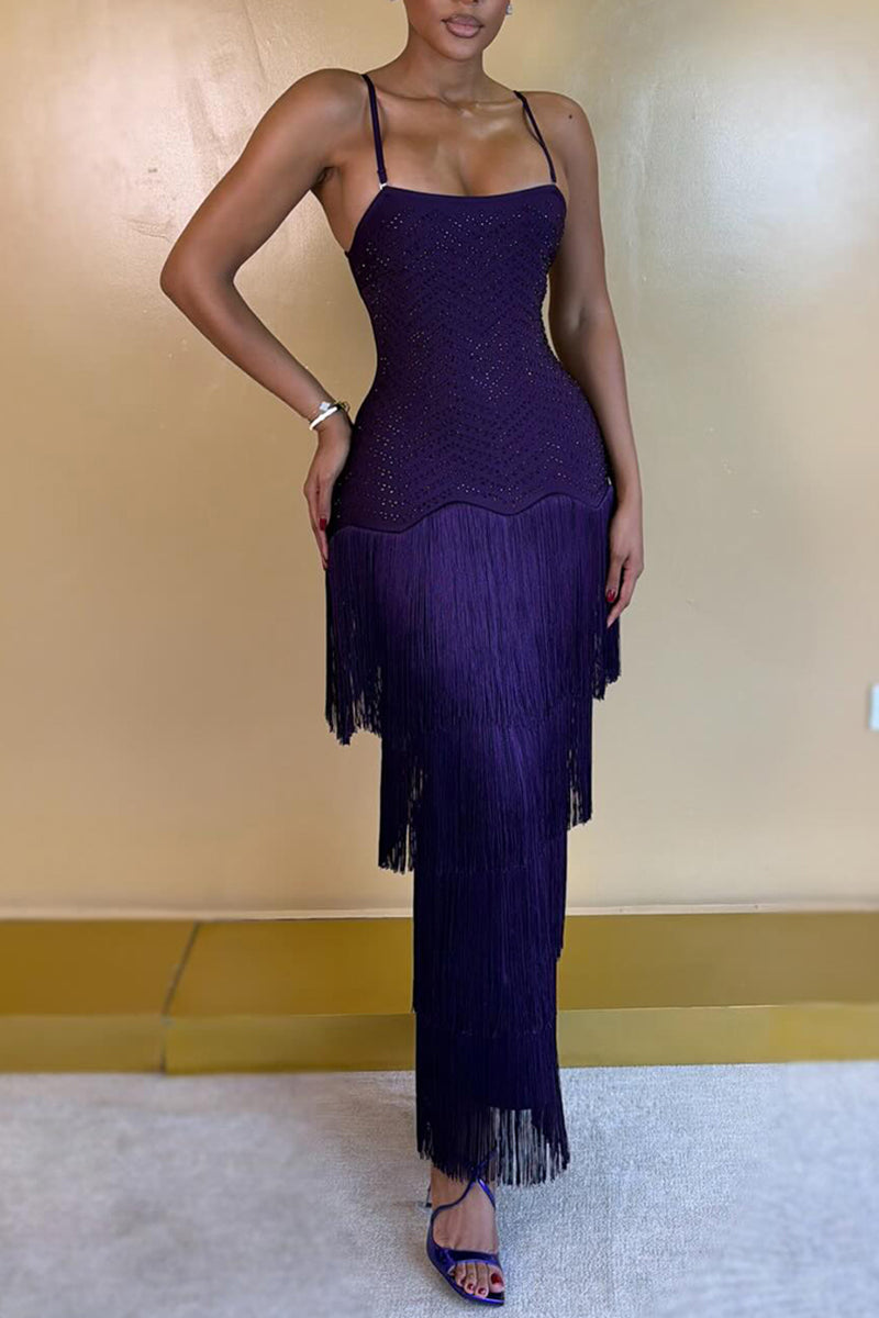Women's Party Sparkling Rhinestone Fringe Hem Midi Dress