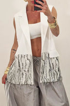 Women's Sleeveless Open-Front Blazer Vest with Sequin Tassel Trim