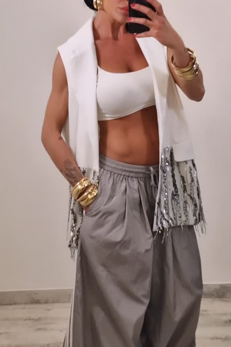 Women's Sleeveless Open-Front Blazer Vest with Sequin Tassel Trim