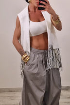 Women's Sleeveless Open-Front Blazer Vest with Sequin Tassel Trim