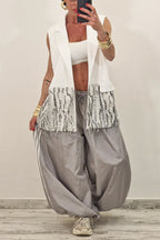 Women's Sleeveless Open-Front Blazer Vest with Sequin Tassel Trim