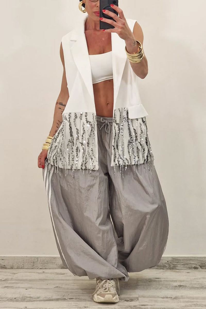Women's Sleeveless Open-Front Blazer Vest with Sequin Tassel Trim
