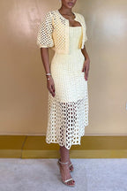 Women's Elegant Puff-Sleeve Cutout Cardigan Midi Dress 2-Piece Set