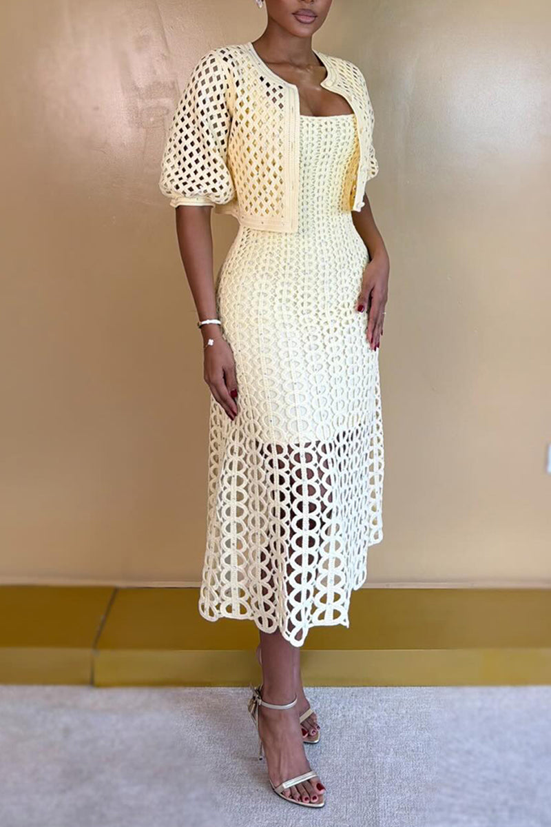 Women's Elegant Puff-Sleeve Cutout Cardigan Midi Dress 2-Piece Set